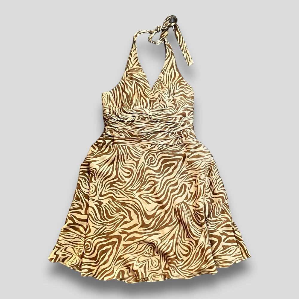 JONES NEW YORK HALTER ANIMAL PRINT SILK SEMI FORMAL SEXY DRESS BROWN LARGE 12